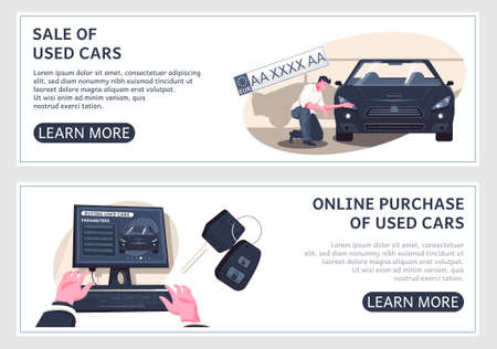 Set of two horizontal used car banners with editable text learn more buttons and flat images vector illustrationのイラスト素材