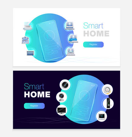 Smart home automation touchscreen smartphone apps control 2 realistic horizontal white black background web banners vector illustrationのイラスト素材