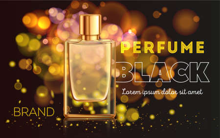 Golden bottle of perfume on dark sparkling background realistic advertisement vector illustrationのイラスト素材