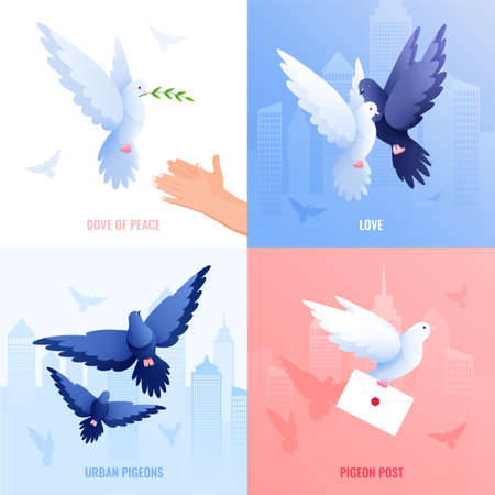 Pigeons flat 2x2 design concept with set of square compositions with dove of peace and post vector illustrationのイラスト素材