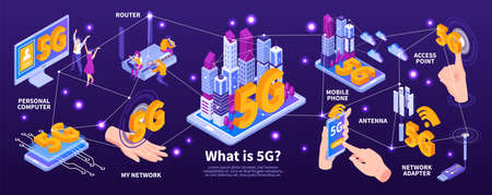 Isometric 5g internet infographics with editable text and connected icons of mobile gadgets computers and routers vector illustrationのイラスト素材
