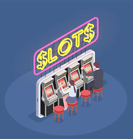 Isometric composition with people playing slot machines in casino 3d vector illustrationのイラスト素材