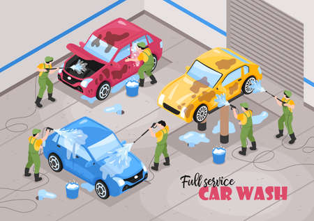 Isometric car wash services background composition with editable text and human characters of workers with cars vector illustrationのイラスト素材