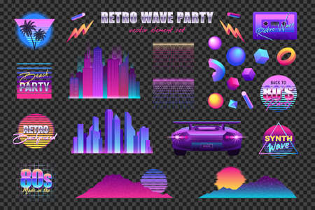 Realistic retro wave party transparent set with neon icons logos artwork elements skyscrapers and car images vector illustrationのイラスト素材