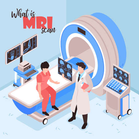 Magnetic resonance imaging isometric composition with doctor explaining patient brain mri scan results after procedure vector illustration のイラスト素材