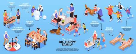 Isometric generation family infographics with group leisure activity images characters of grandparents kids and text captions vector illustrationのイラスト素材