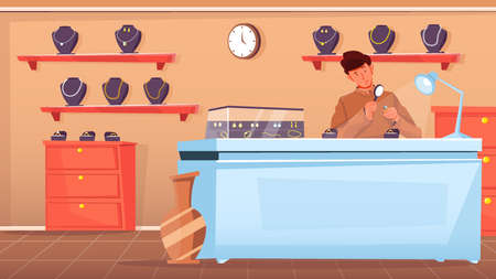 Shop assistant looking at ring through magnifying glass at jewelry shop flat vector illustrationのイラスト素材