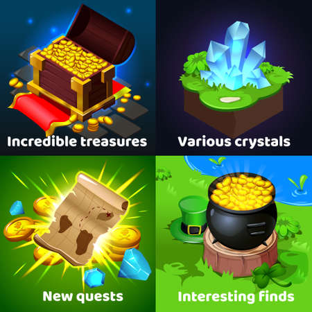 Treasure hunters discoveries 4 colorful isometric cartoon game images with pirates chest ancient scroll coins crystals vector illustration のイラスト素材