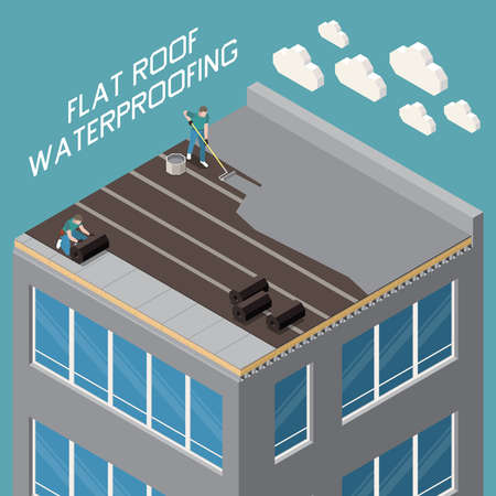 Flat roof waterproofing with polymer bitumen mastic and ruberoid gradient insulation closeup isometric composition vector illustrationのイラスト素材