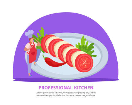 Professional kitchen flat background with editable text and composition of cook character and vegetable cutting dish vector illustrationのイラスト素材