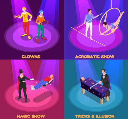 Circus show concept isometric icons set with clown and magic show symbols isolated vector illustrationのイラスト素材