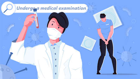 Sexually transmitted diseases tests flat composition with characters of patient with doctor and icons of virus vector illustrationのイラスト素材