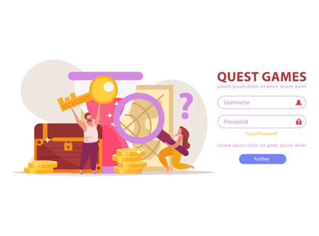 Quest game flat background for web site login page with fields buttons and gaming achievements images vector illustrationのイラスト素材