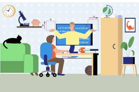Math tutor online composition with living room interior and person at computer table taking remote...