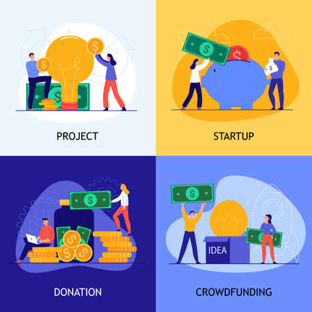 Crowdfunding concept icons set with donation symbols flat isolated vector illustrationのイラスト素材