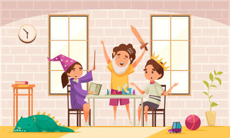 Board games fairy tale composition with three children dressed as wizards play the game vector illustrationのイラスト素材