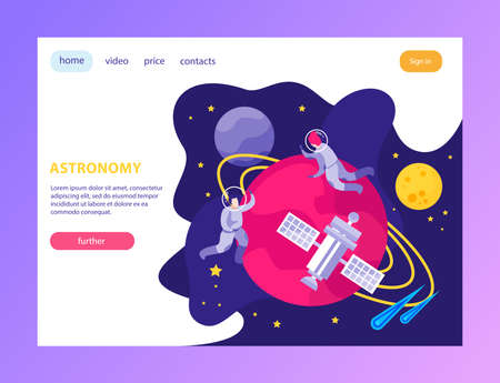 Astronomy space people flat composition with landing page background clickable links text and images of astronauts vector illustrationのイラスト素材