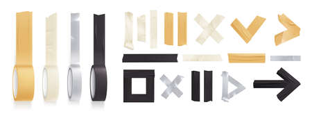 Sticky adhesive tape rolls realistic icon set with different shapes in rolls and torn pieces vector illustrationのイラスト素材