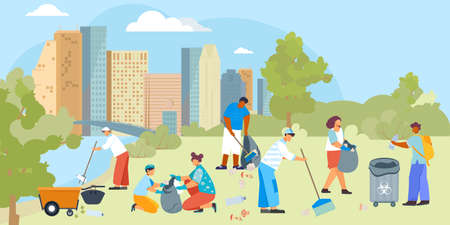 Volunteers trash out composition with cityscape background and group of flat human characters with cleaning utensils vector illustrationのイラスト素材