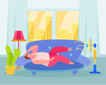 Treating summertime heat stroke home remedies flat composition with lying on sofa near electric fan vector illustration  のイラスト素材