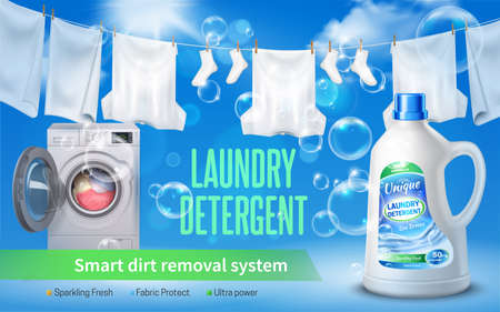 Laundry detergent realistic horizontal banner with laundry detergent headline bottle of washing liquid and washing machine vector illustrationのイラスト素材