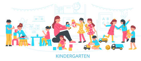 Kindergarten composition with flat silhouette scenery of nursery school with teacher and kids playing with toys vector illustrationのイラスト素材