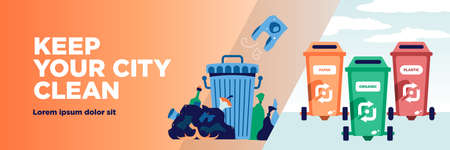 Garbage recycling horizontal banner with editable text and waste bins with reuse symbols and rubbish bags vector illustrationのイラスト素材