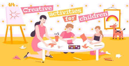 Creative activities for children flat background with mom teaching children to make origami from paper vector illustrationのイラスト素材
