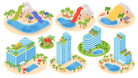 Isometric hotel water park set with isolated compositions of hotel buildings compound with pools and slides illustrationのイラスト素材