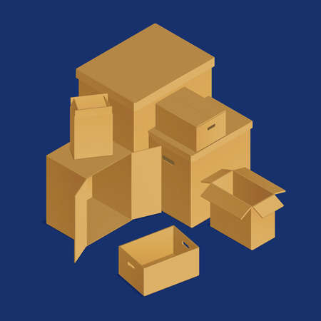 Isometric cardboard boxes composition with set of carton packages of different size with covers and holes vector illustrationのイラスト素材