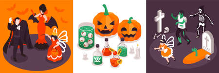 Isometric Halloween party design concept with square compositions of funky characters in costumes with potions pumpkins illustrationのイラスト素材