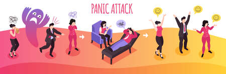 Isometric panic attack people composition with text and human characters therapy stages and mood pictogram signs vector illustrationのイラスト素材