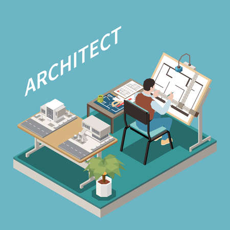 Architect at table isometric composition with view of architects workspace with architectural model...
