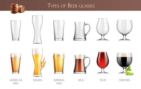 Beer glasses realistic info graphics with various types of empty and full beer glasses with text captions illustrationのイラスト素材
