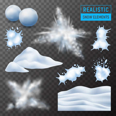 Snow powdery wavy snowdrift mound exploding bursting snowballs splats realistic elements set dark transparent background vector illustration のイラスト素材