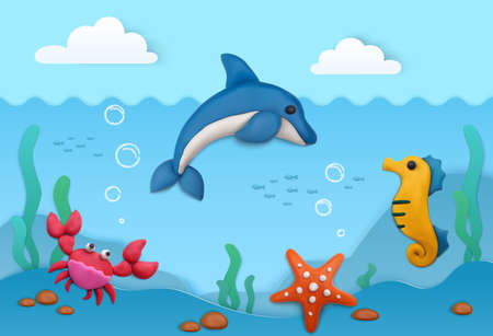 Plasticine summer background with sea underwater life symbols illustrationのイラスト素材
