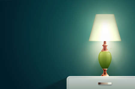 House lighting lamp realistic composition with solid blue wall and bedside table with small designer lamp vector illustrationのイラスト素材