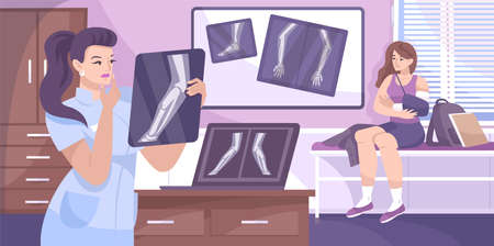 X ray fracture composition doctor examines an x-ray of his patient with a bruised arm vector...