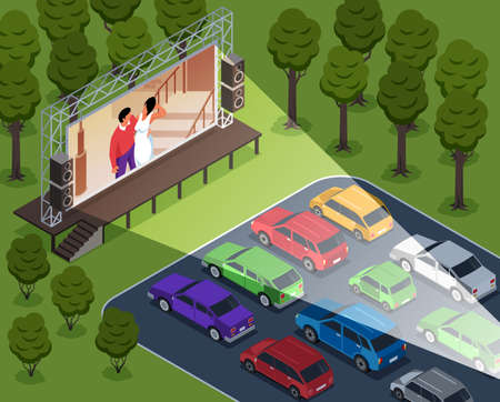 Isometric open air cinema composition with cars in outdoor landscape of drive-in theater screening movie vector illustrationのイラスト素材