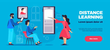 Online education flat horizontal web banner with using electronic devices distant learning people blue background vector illustrationのイラスト素材