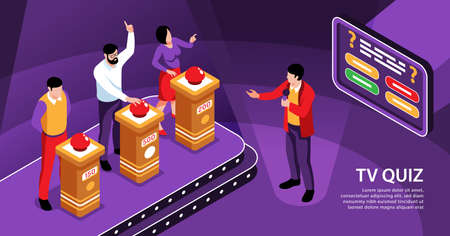 Isometric tv quiz horizontal background composition with text and view of television studio with game show vector illustrationのイラスト素材