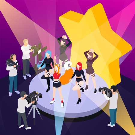 Pop music show isometric poster with reporters videotaping performance of dance group vector illustrationのイラスト素材