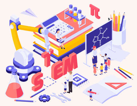 STEM education isometric background with stationery items calculator creative toys and little characters of children and teacher near blackboard vector illustrationのイラスト素材