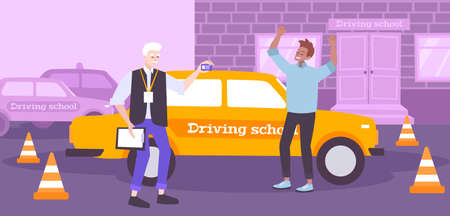 Driving school composition with exam success symbols flat vector illustrationのイラスト素材
