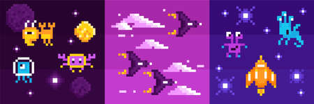Arcade computer game design concept with square compositions of space monsters aliens and combat space ships vector illustrationのイラスト素材