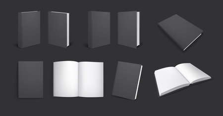 Black books mockup realistic set with views of dark copybook from different angles with empty pages vector illustrationのイラスト素材