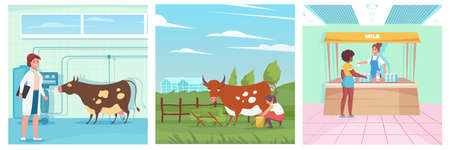 Dairy products design concept with flat compositions of factory farming routines and market stall selling milk vector illustrationのイラスト素材