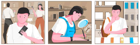 Smartphone illustration flat composition with three icons man at the electronic store repairman and man is choosing case vector illustrationのイラスト素材