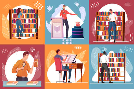 Set of compositions with people buying presenting drawing new books flat isolated vector...