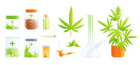 Medical marijuana cannabis drugs flat set with isolated images of zip locks jars and plant leaves vector illustrationのイラスト素材